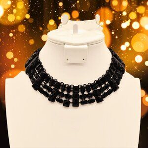Natasha Black Geometric Multi-Strand Statement Necklace Chunky Resin Bib Collar